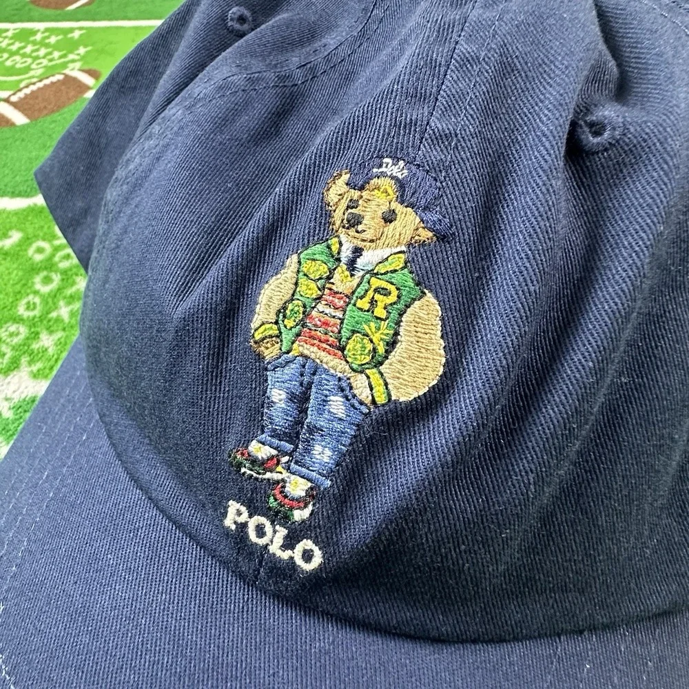Polo Ralph Lauren Blue Dapper Polo Bear Mens Leather Strapback Baseball Cap NWT